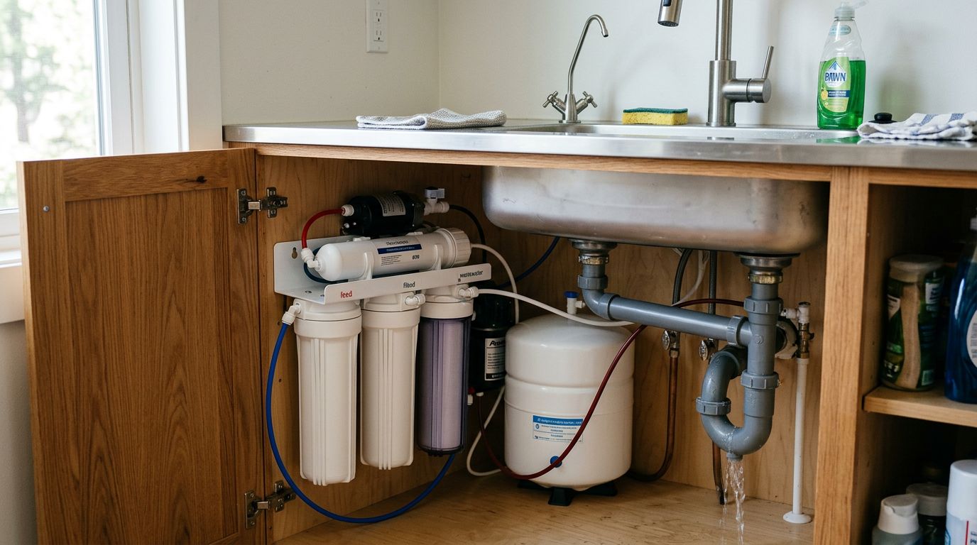 Fonctionnement d'un osmoseur domestique avec eau filtrée et eau rejetée