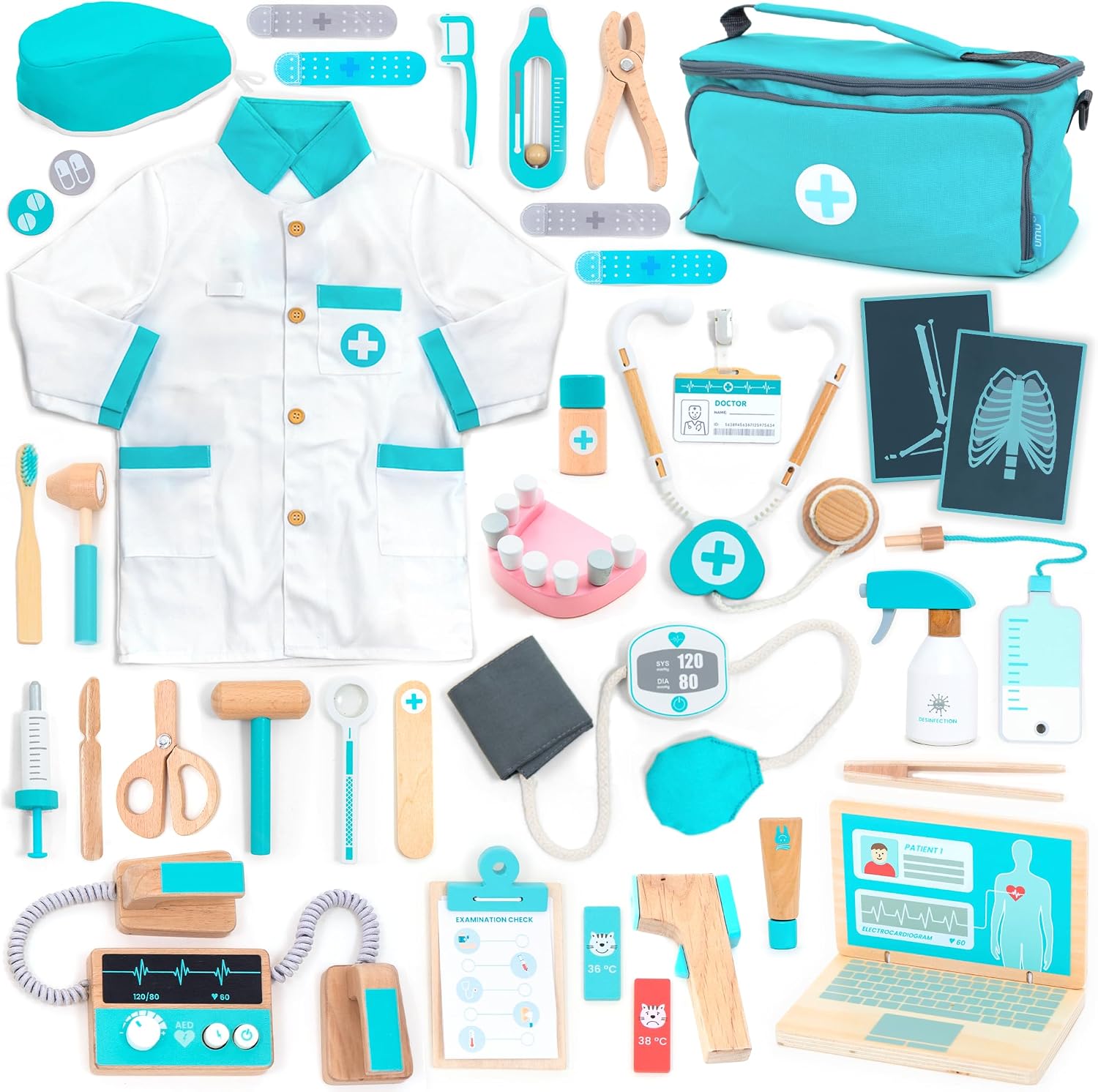 UMU® Mallette de médecin en Bois de Luxe pour Enfant avec stéthoscope, Blouse de