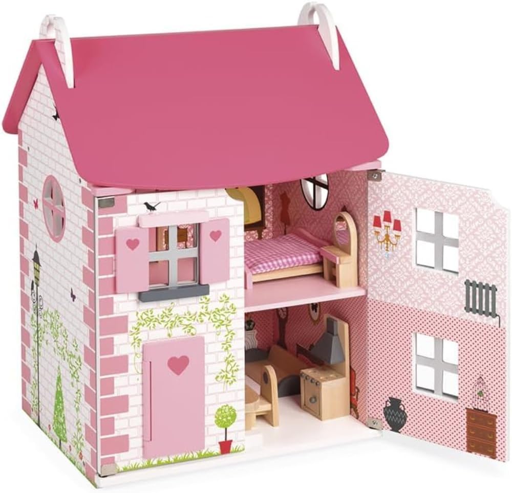 Janod - Maison de Poupée en Bois Mademoiselle - 3 Etages et 11 Accessoires Inclus