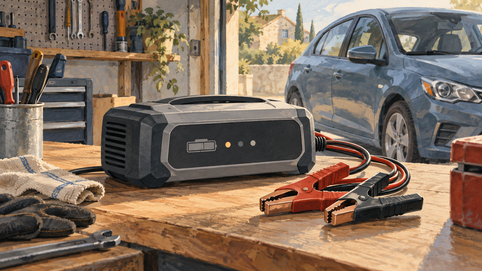 Illustration d’un chargeur-mainteneur de batterie avec ses pinces sur un établi