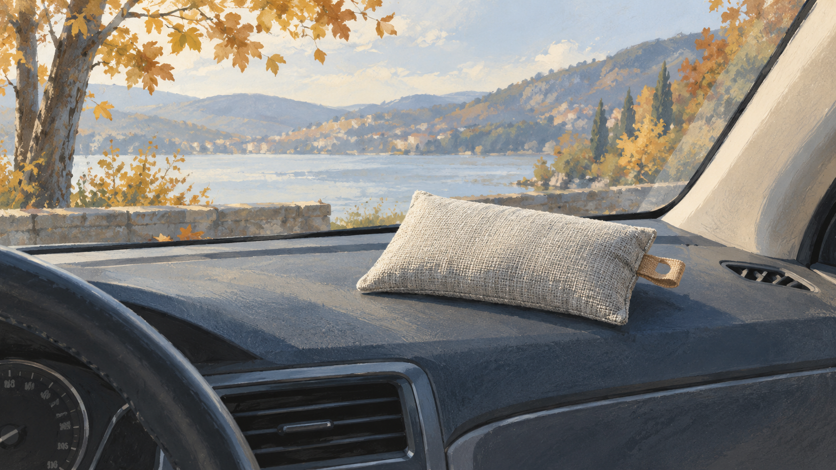 Illustration d’un coussin déshumidificateur réutilisable dans un habitacle de voiture