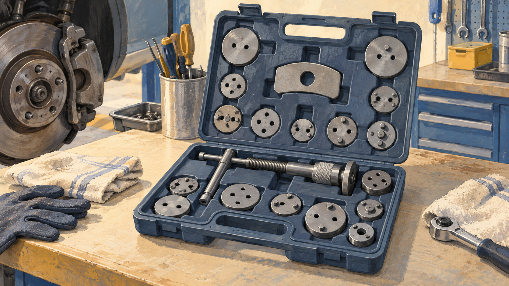 Illustration d’un coffret repousse-piston de frein avec broches et disques adaptateurs