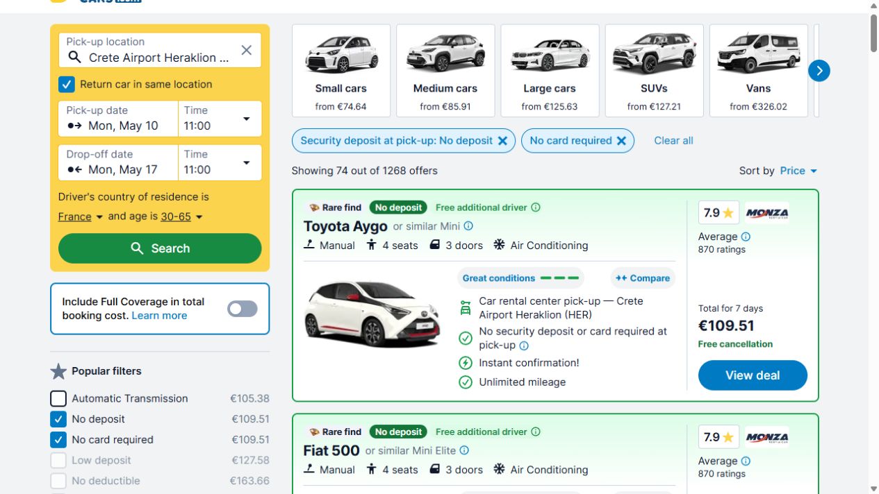 Résultats DiscoverCars à Héraklion avec les filtres No deposit et No card required activés