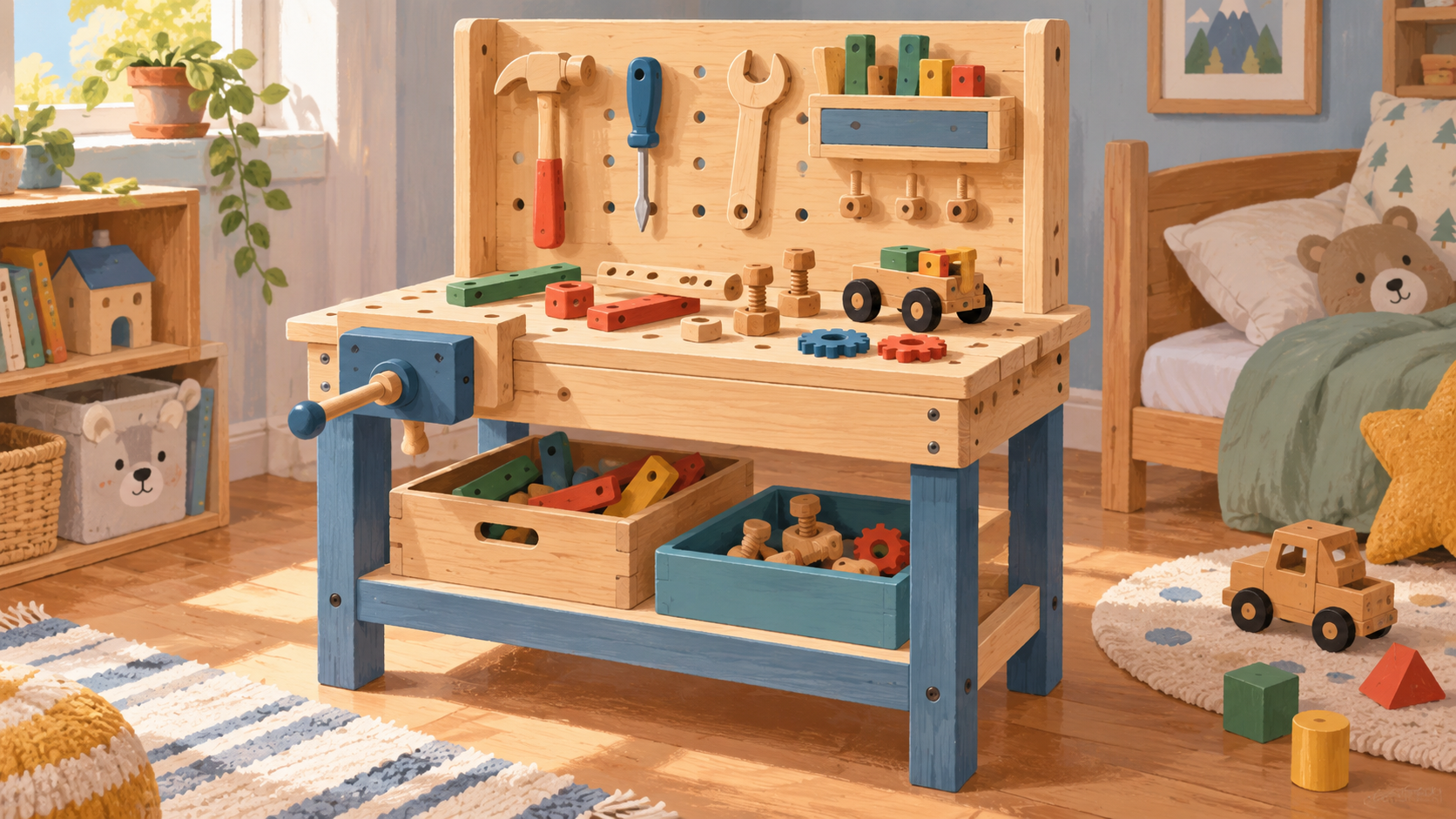 Illustration d’un établi enfant avec un étau et des outils jouets en bois.