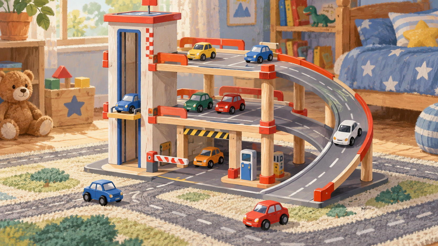 Illustration d’un garage jouet à plusieurs niveaux avec des petites voitures.