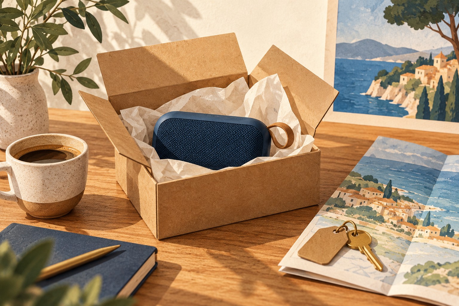 Illustration : colis ouvert, enceinte et clé d’hôtel sur une carte de voyage