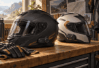 Illustration de deux casques moto équipés d’un intercom sur un établi