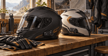 Illustration de deux casques moto équipés d’un intercom sur un établi