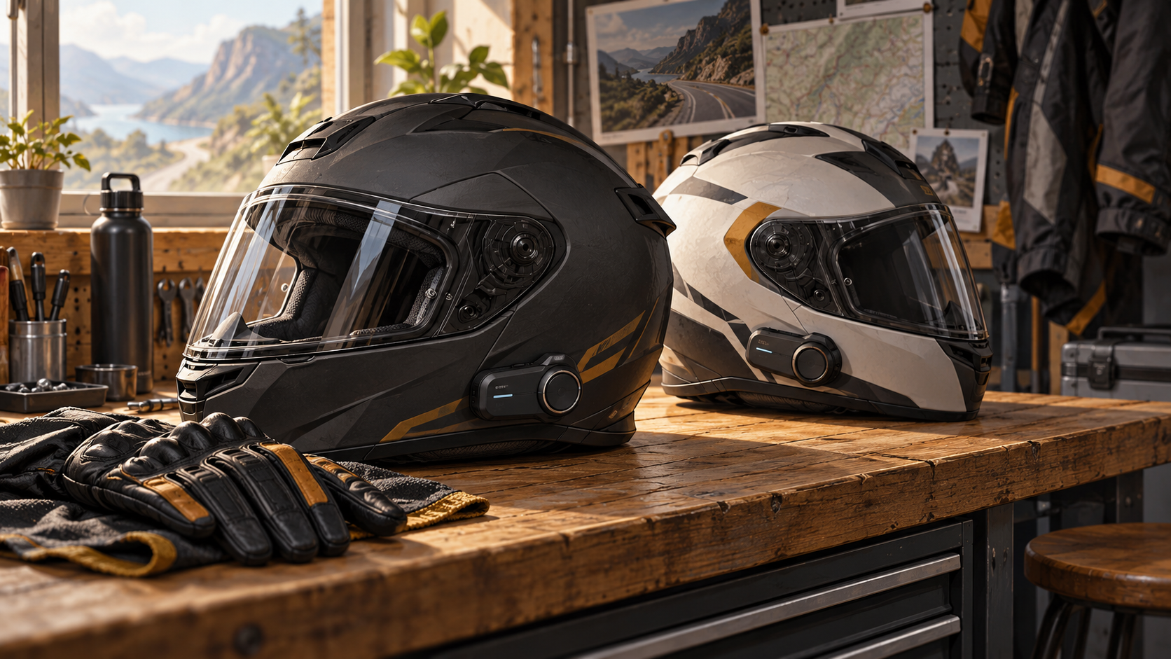 Illustration de deux casques moto équipés d’un intercom sur un établi