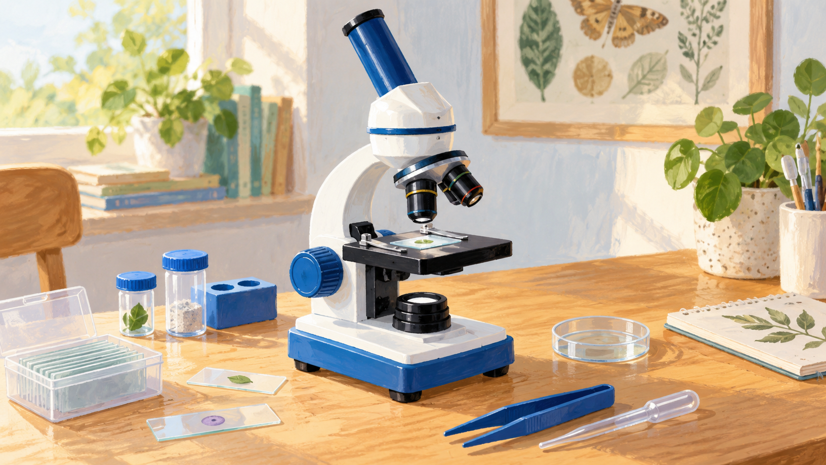 Illustration d’un microscope et de préparations sur une table