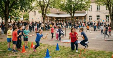 Journée sportive scolaire avec plusieurs équipes d'enfants participant à des jeux collectifs