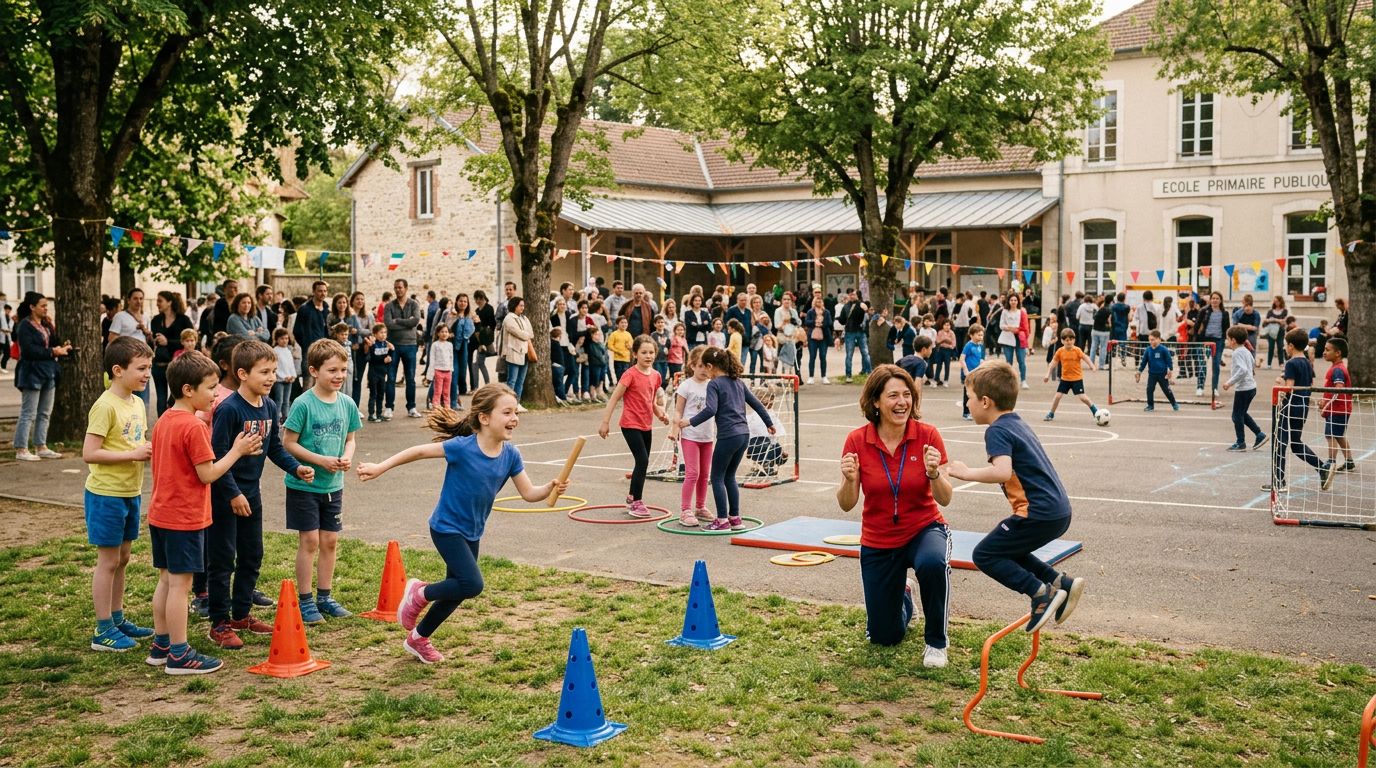 Journée sportive scolaire avec plusieurs équipes d'enfants participant à des jeux collectifs