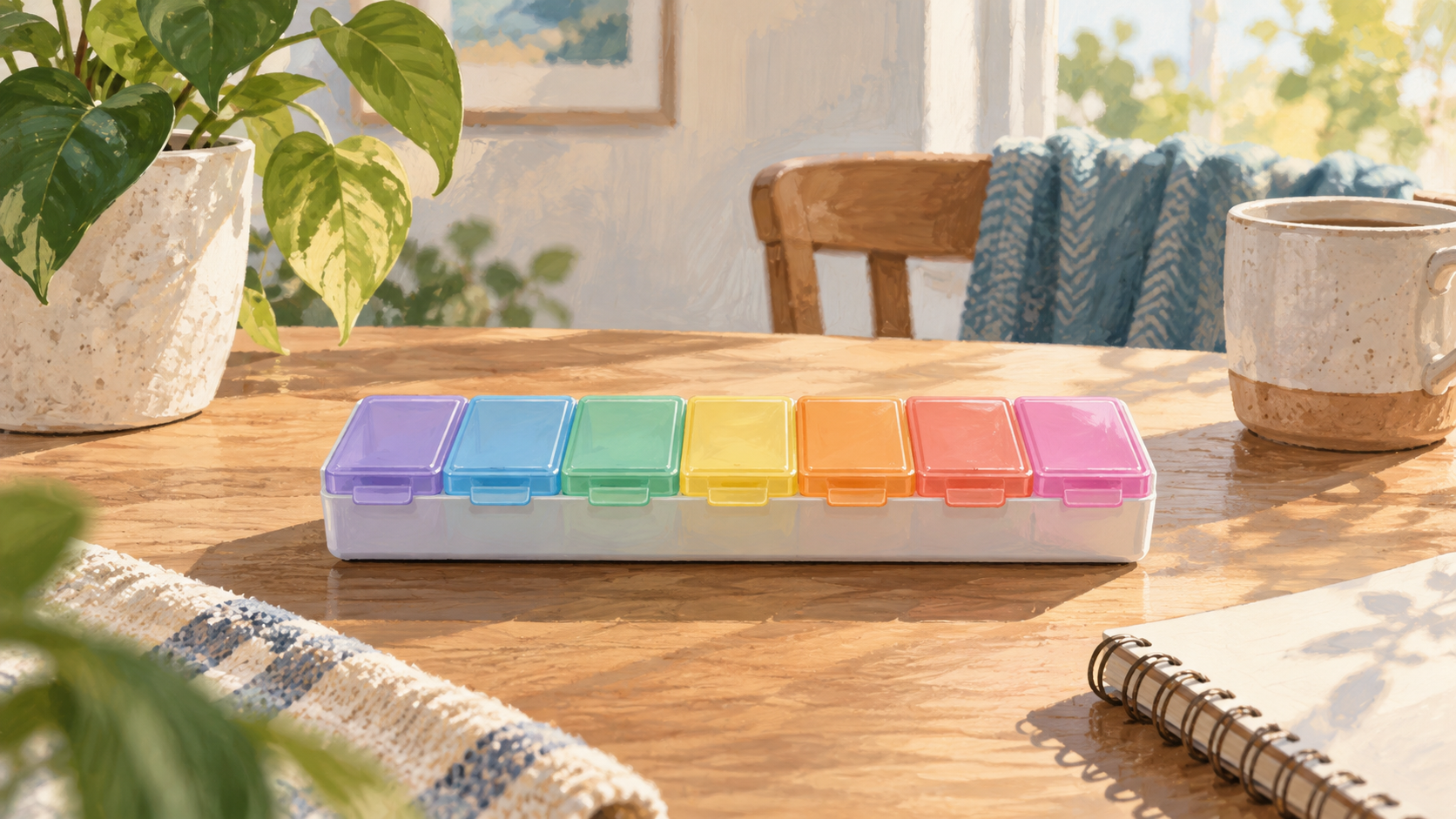 Illustration d’un pilulier à sept cases colorées posé sur une table