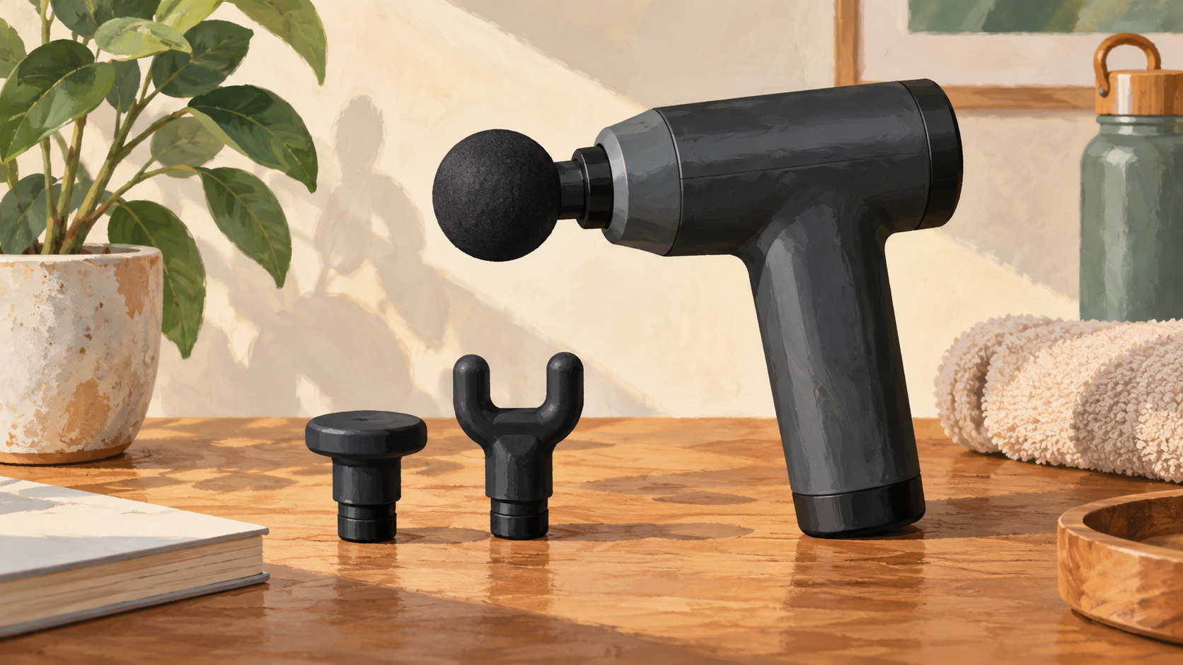 Illustration d’un pistolet de massage et de ses embouts sur une table