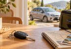 Clés de voiture et bagage prêts pour un départ en vacances — illustration