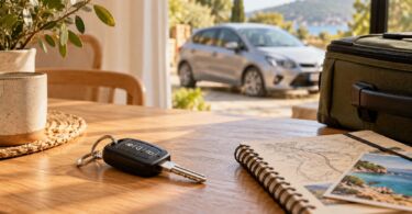 Clés de voiture et bagage prêts pour un départ en vacances — illustration