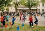 Journée sportive scolaire avec plusieurs équipes d'enfants participant à des jeux collectifs